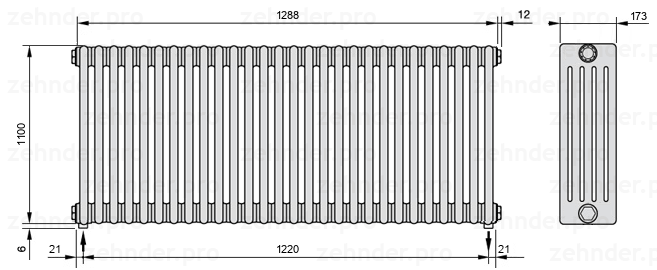 Схема (чертеж) Радиатор Zehnder Charleston 5110/28 №3570 Белый глянцевый RAL 9016